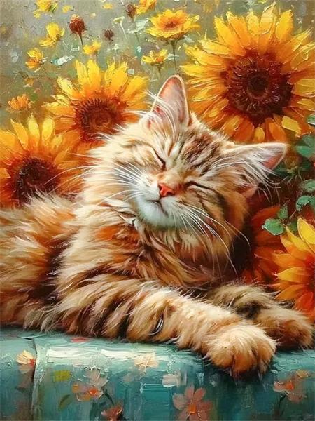 

Полный квадрат/круглый 5D алмазная картина кошка подсолнух домашний декор вышивка мозаика животное настенное искусство Full Round 20x30CM