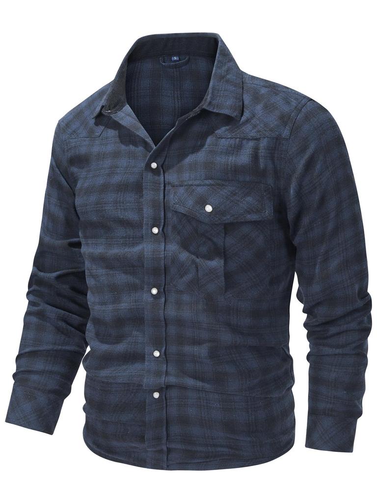 Autumn/Winter Denim Jacket with Turn-Down Collar and Flannel Plaid Shirt Coat