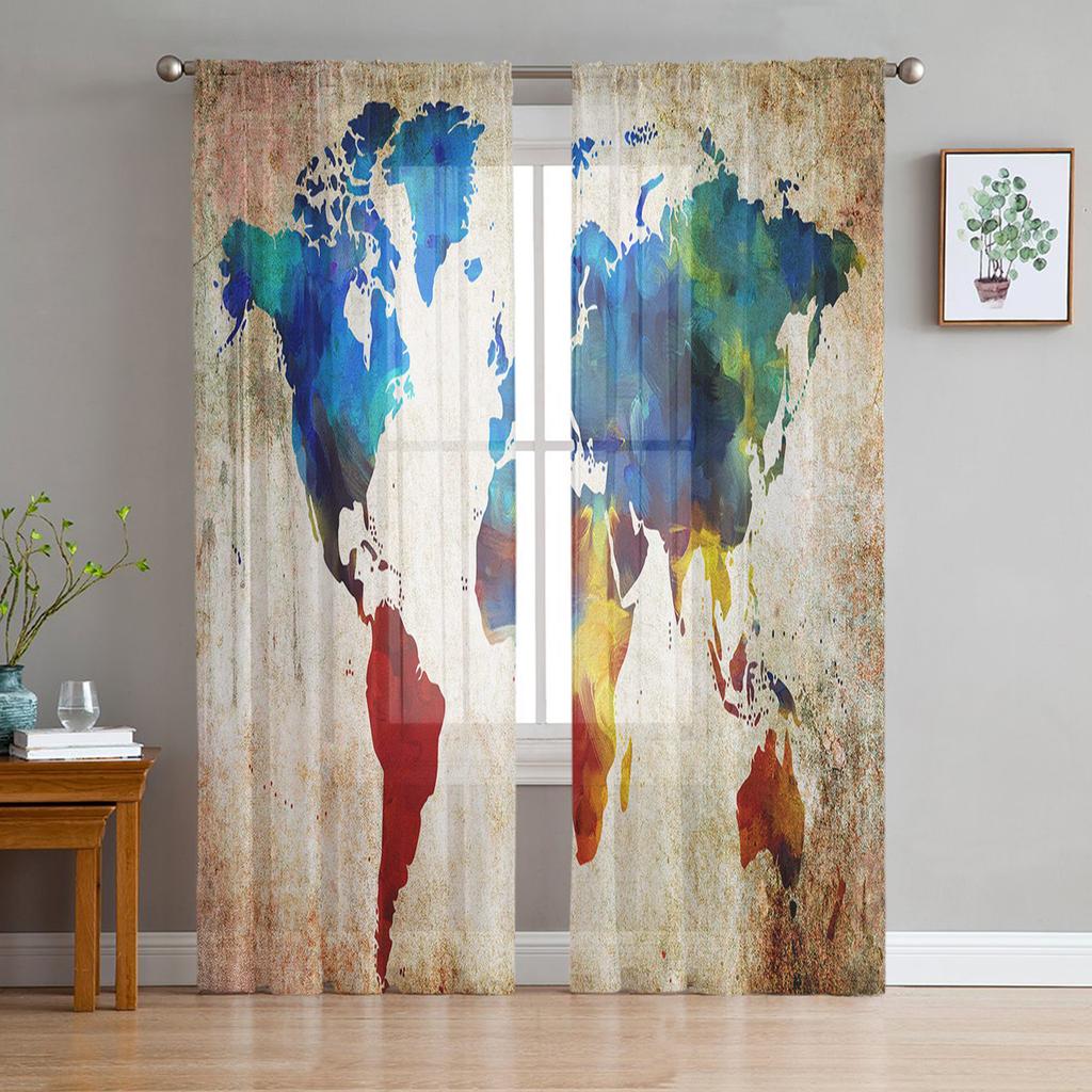 Colorful Map On Vintage Background Tulle Curtains Kitchen Door Curtain Chiffon Sheer Voile Christmas Curtains For Living Room