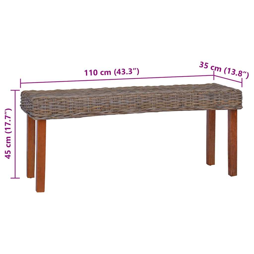 110 cm Natural Kubu Rattan and Solid Mahogany Wood Bench