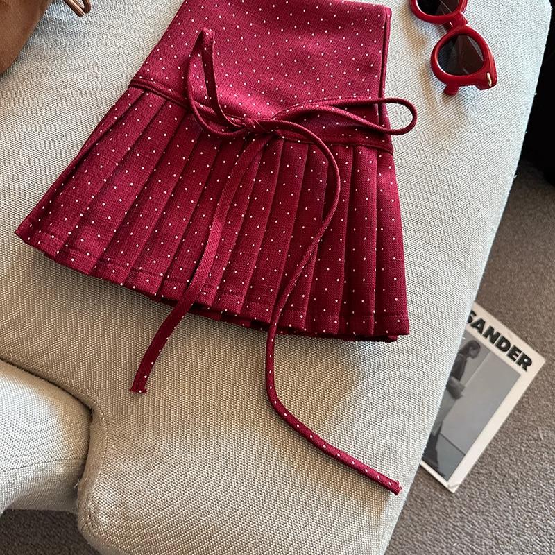 Women's Polka Dot A-Line Pleated Skirt with Bow Tie - Petite Christmas Red