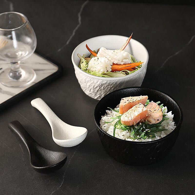 Rock Patterned Frosted Ceramic Tableware, Soup Bowls, Dessert Plates, Household Rice Bowls, Solid Color Threaded Salad Bowls