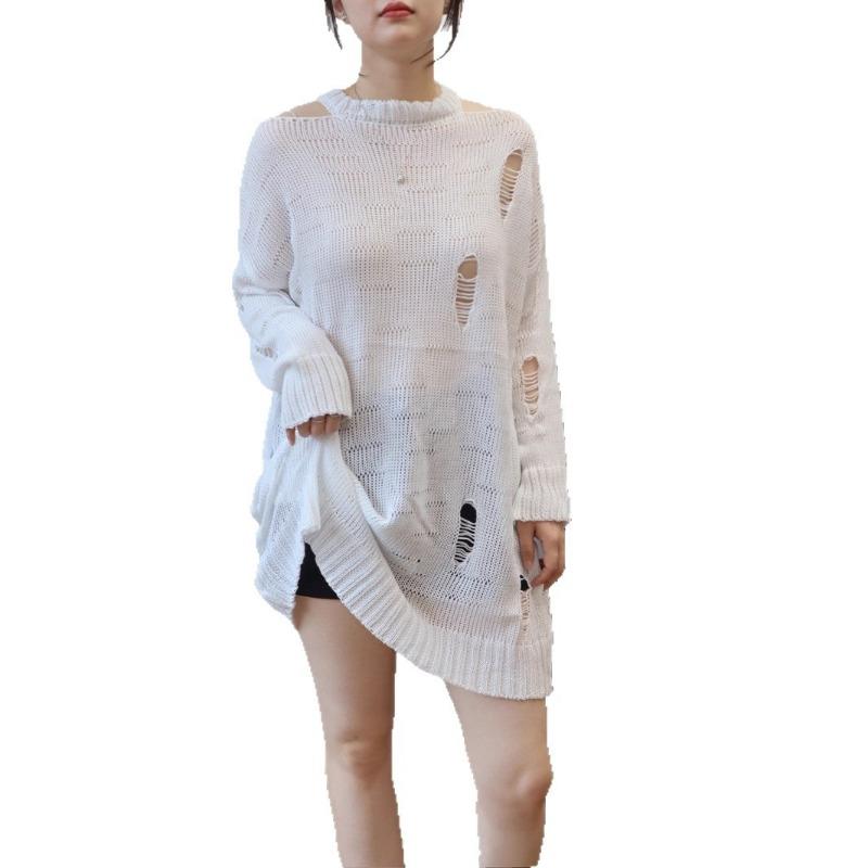 Medium and long Spice Girl off-the-shoulder thin knitted sweater top, early autumn new ripped loose blouse pullover woman