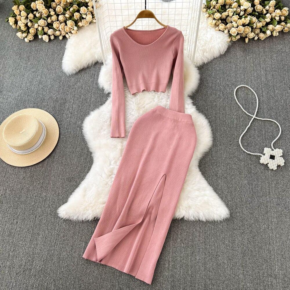 Retro Módní Oblek Spice Spice Styl Kulatý Výstřih Krátký Top + Sukně z Úpletu s Vysokým Pasem a Rozparkem Dvoudílný Set