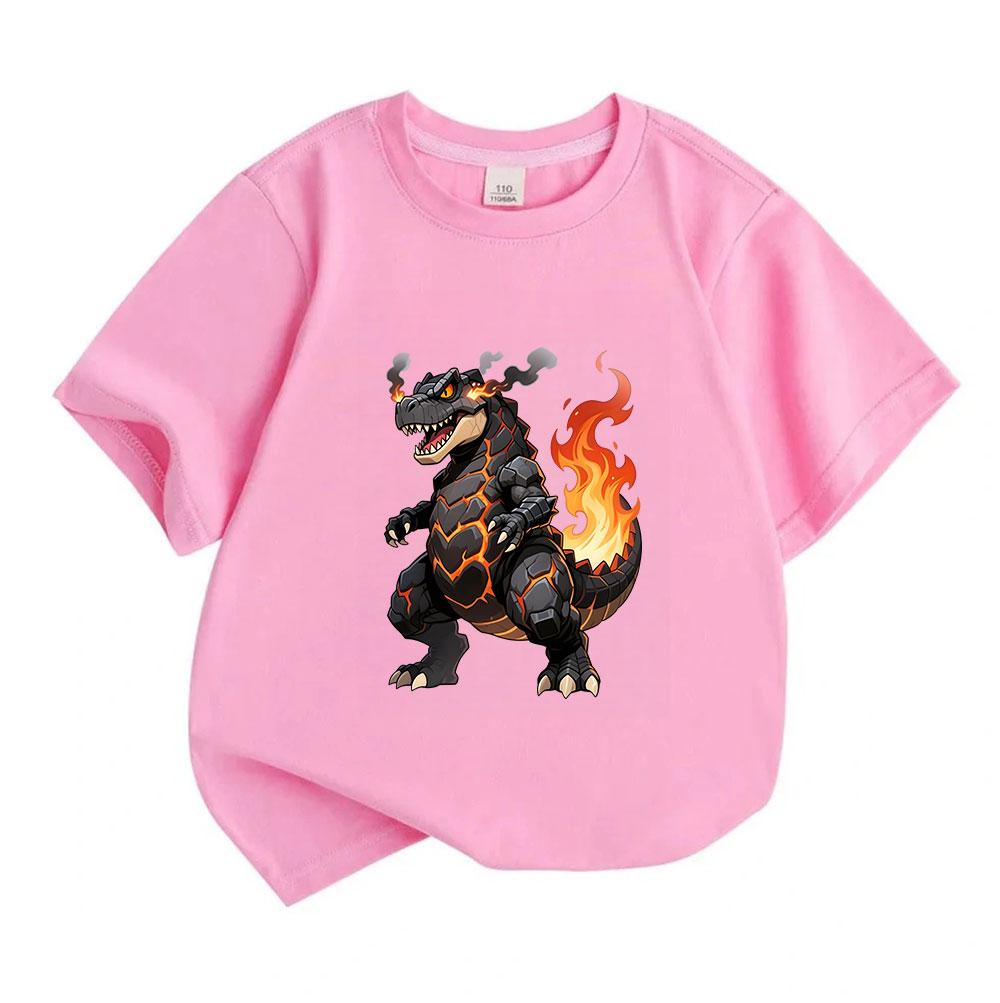 Kids Boys Girls 100% Cotton Crew Neck Short Sleeve T-shirt, Cool Lava Fire Dinosaur Print Casual Soft Breathable Tee Top for Daily Play and School Wea