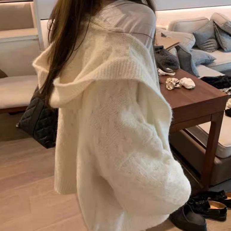 2024 Autumn-Winter Cozy Loose Lantern Sleeve Hooded Cardigan for Women