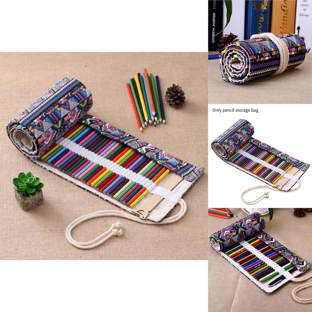 Ethnic Style Colored Geometric Pattern Pencil Canvas Storage Bag For Colored Pencils And Markers