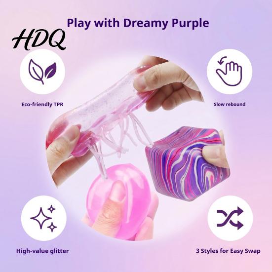 Relaxation Squeeze Ball 3Pcs Stress Relief Toy Set, Flow Pattern Cube Sensory Anxiety Toy, Soft Stretchy Clear Jellyfish Pinch for Kids Adults
