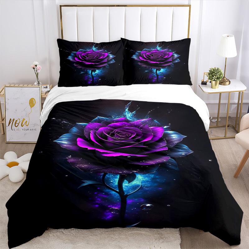 3pcs Purple Rose, Water Splash Bedding Set Soft Polyester Down Comforter Cover and Pillowcases,Home Decoration All Seasons(No Insert) S0819103