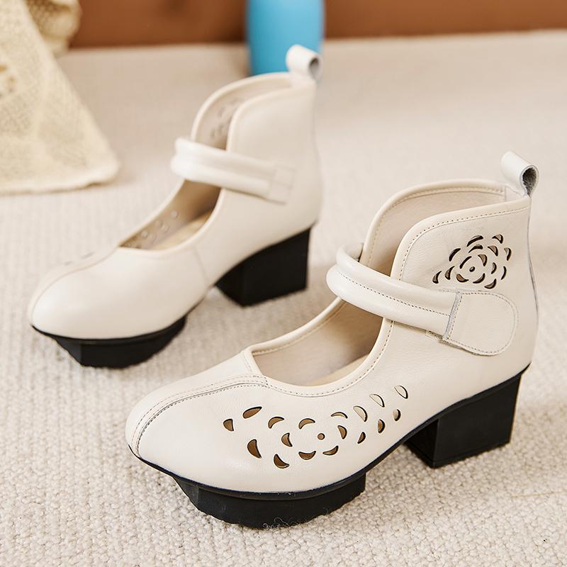 GKTINOO New Women Summer Sandals Breathable Hollow Thick High Heel Casual Shoes genuine Leather Retro Short Boots