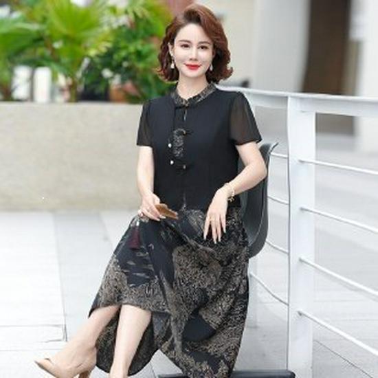 

Stylish Chiffon Summer Dress for Middle-Aged & Elderly Women - Short Sleeve, Waist-Cinching Design 5XL чёрный