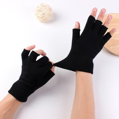 1 Pair Black Half Finger Gloves Women Men Woolen Yarn Knitting Gloves Solid Color Elastic Warm Riding Sport Workout Mittens