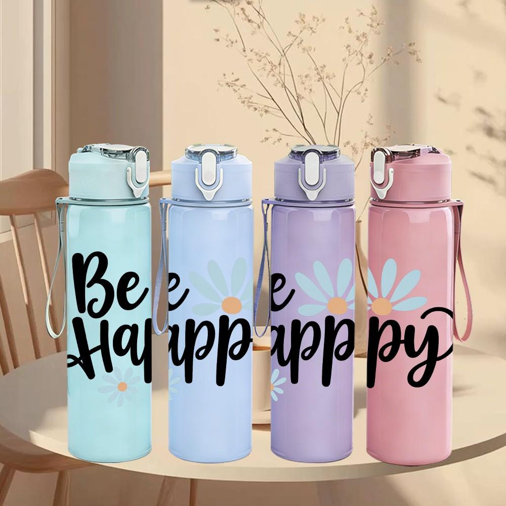 1PC Be Happy Daisy Letter Print 750ml Color Plastic Sports Water Bottle Leakproof Flip Straw Lid Suitable for Sports Office Home Use