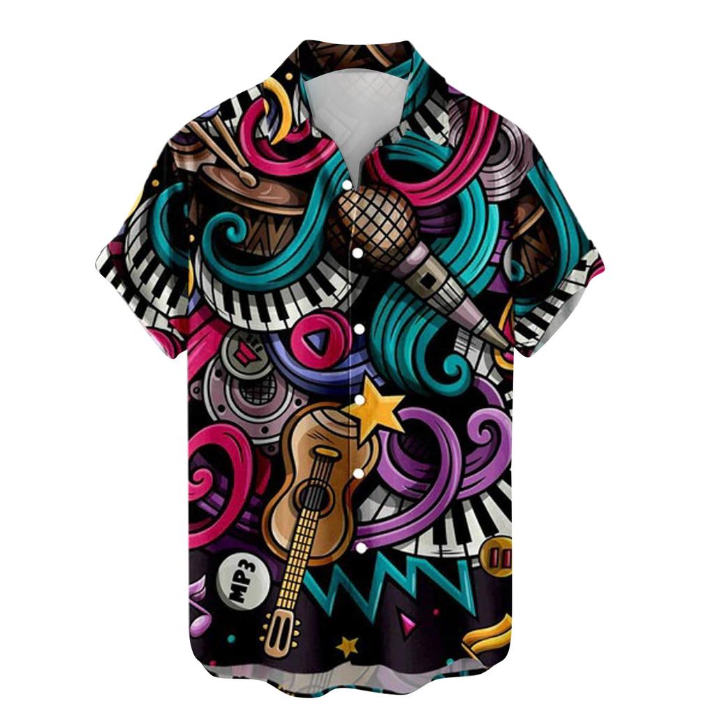 Music Pop Art Print Short Sleeve Shirt, Stylish Casual Wear