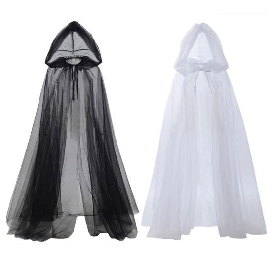 Halloween Gaskappe med hette Voksen Full lengde Gjennomsiktig Nett Hettekappe Halloween Heks Cosplay Kostyme for Renessanse Middelalderfest