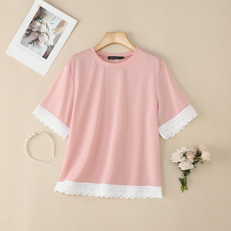 

ZANZEA Женская повседневная блузка с круглым вырезом, кружевной вставкой и короткими рукавами 5XL розовый