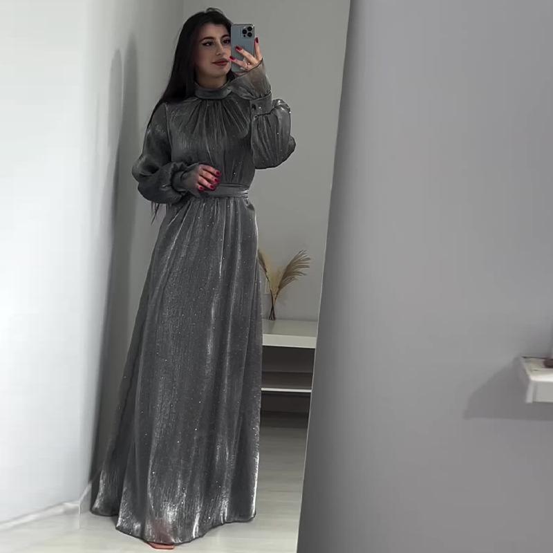 2024 Autumn Elegant European & American Lace-Up Waist-Cinching Glass Yarn Dress for Women