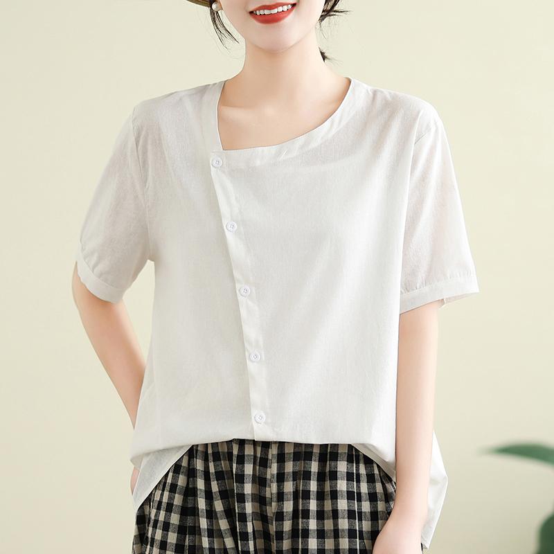 DIMANAF 2026 Summer New Plus Size Women Blouse Shirt Button Elegant Lady Tops T-Shirt Solid Cotton Fashion Casual Clothing