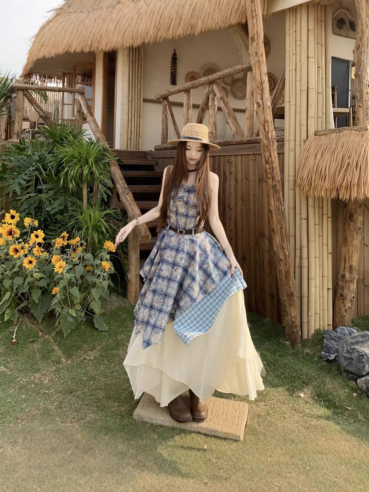 Plus Size 2026 Blue Tie-Dye Plaid Waist-Cinching Strappy Summer Dress for Women XXXXL