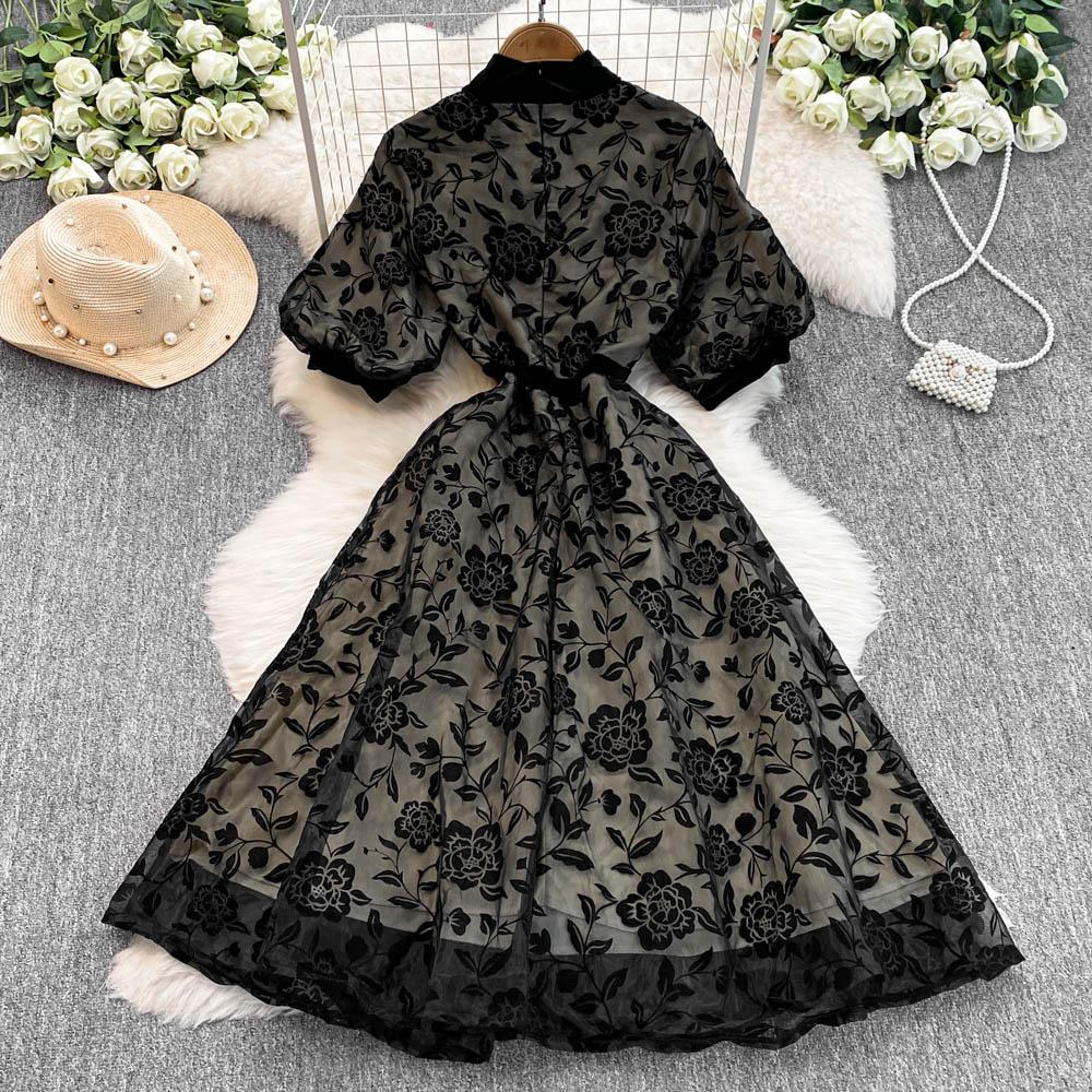 French Elegant Bow Puff Sleeve Dress Women 2025 Spring Autumn New Flocking Floral Waist Slim Long Dresses Patchwork Party Clothing
