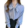 Brand Women White and Blue Blouse Stand Bow Casual Spring Autumn Tops Button Long Sleeve Chiffon Shirts Blusas Femme Loose Shirts