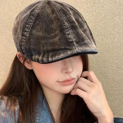 Japanische Retro Cord Mütze Damen Herbst und Winter All Match Gesicht Klein Entenkappe Outdoor Winddicht und Warm Maler