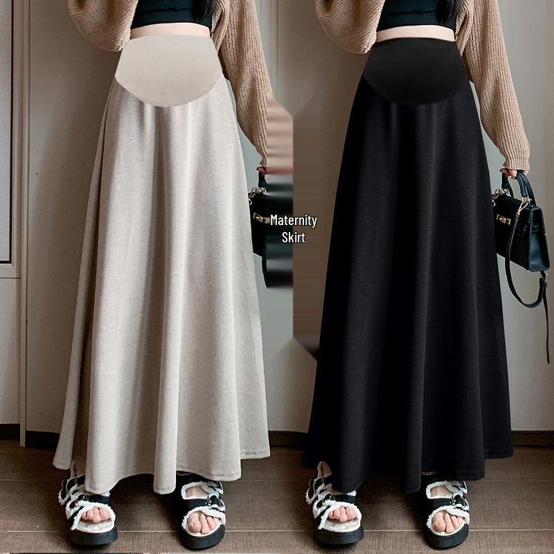 High-Waisted Knitted Velvet Maternity Midi Skirt for Autumn/Winter M