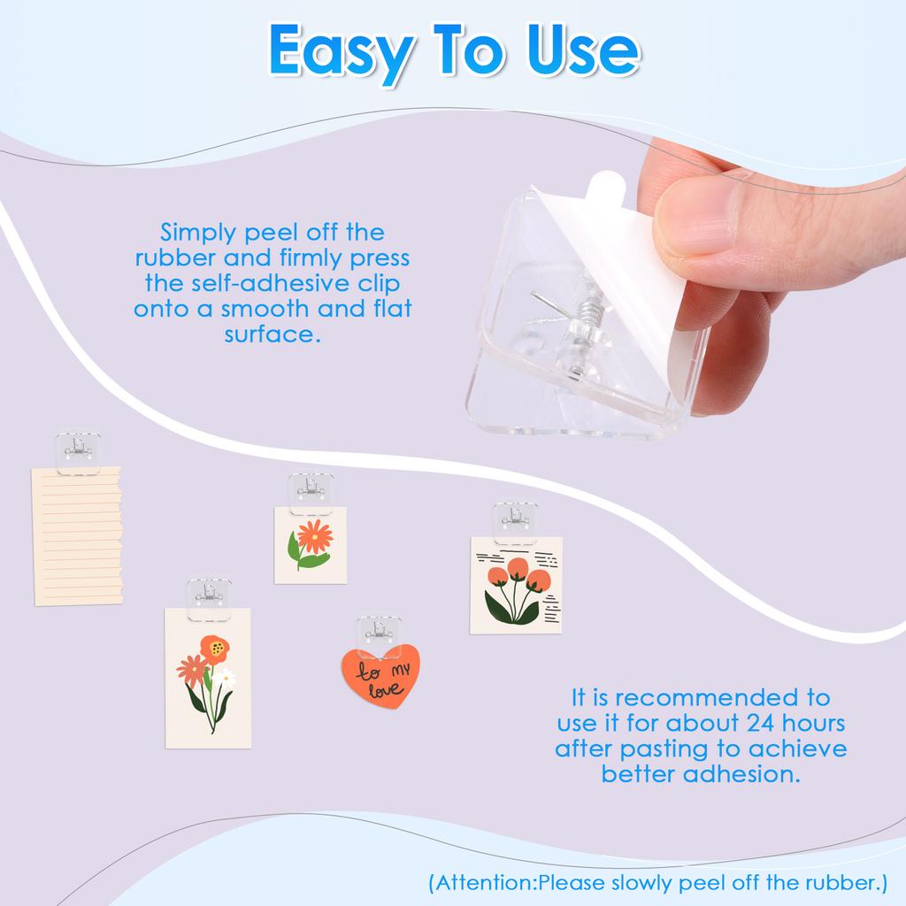 100Pcs Self Adhesive Paper Clip Transparent Square Binder Paper Clip Wall Hanging Postcard Photos School Office Stationery