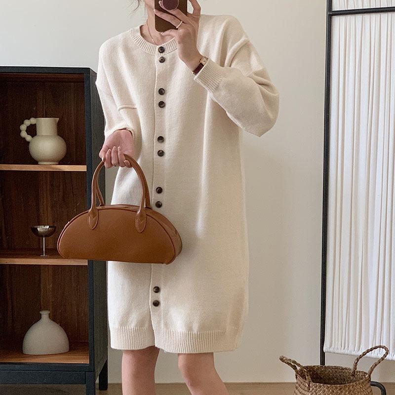 

Autumn and winter solid color medium and long sweater jacket new lazy loose women s knee-thin knitted cardigan one size fits all абрикосовый