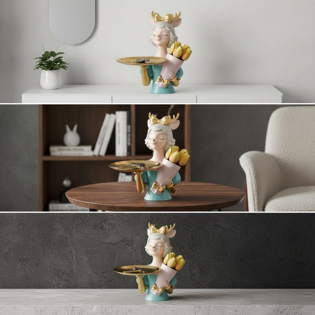 Deer Figurine with Tray Beautiful Deer Statue with Tray Tabletop Organizer Lovely Compact for Entryway, Dresser