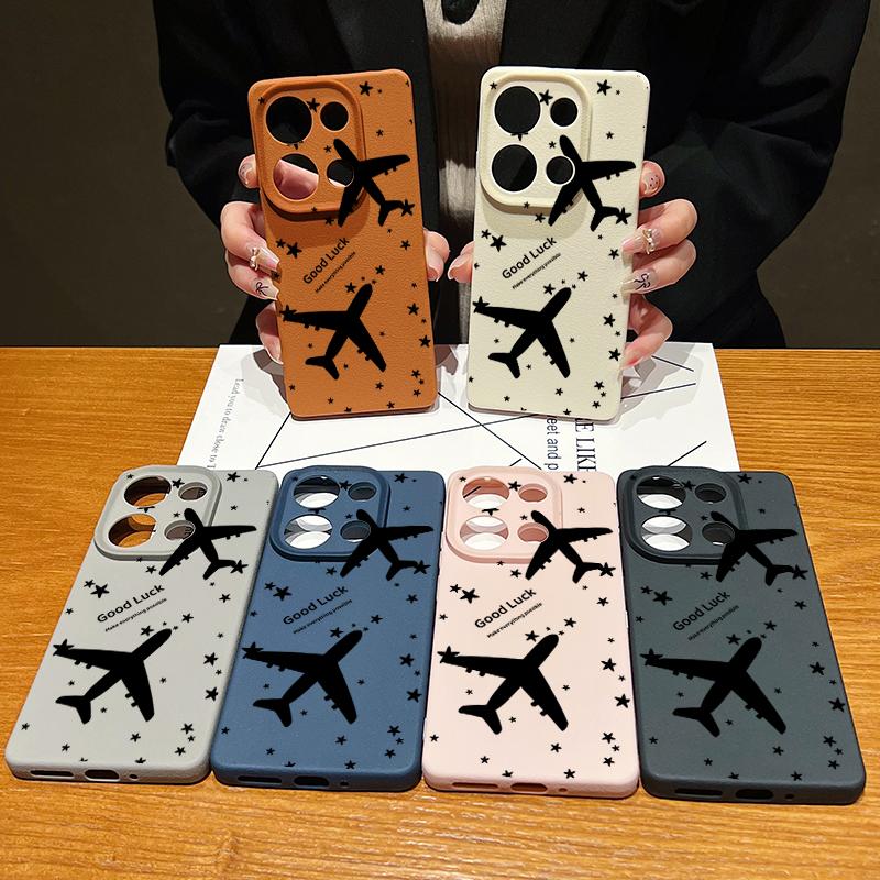 For Xiaomi 13T Pro Poco X7 X6 M6 Pro Redmi Note 14 13 Pro 12 11 Case Airplane Print Leather Texture TPU Soft Shockproof Matte Slim Phone Cover