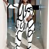 Women Plus Size Two Piece Printed Outfit Irregular Hem Round Neck Three Quarter Sleeve Top Wide Leg Trousers
