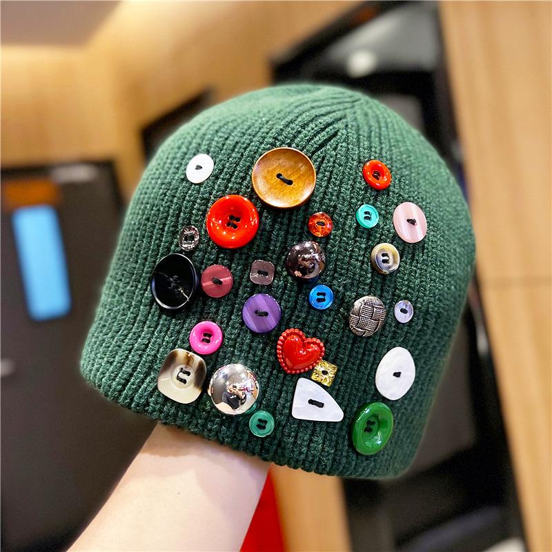 Korean Style Button Knit Beanie For Women Autumn Winter