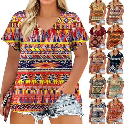 Women's Fashion Casual Printed V-Neck Short Sleeve Large Size T-Shirt Top