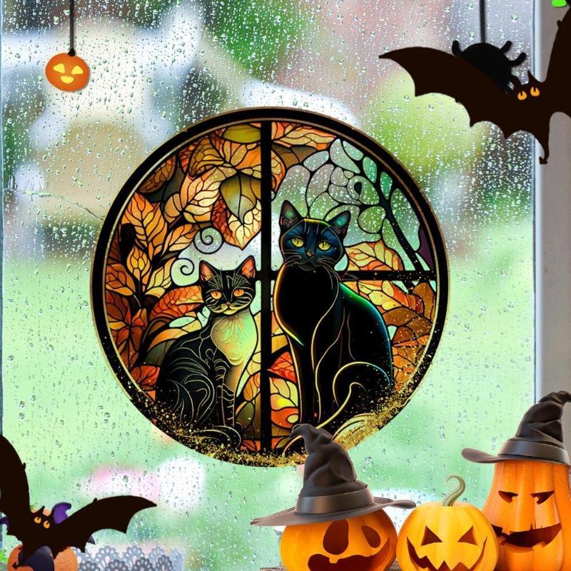 1-10PCS Halloween Stickers with Crow Cat Castle Tree Pumpkin Design Non Adhesive Electrostatic Window Film for Home Decoration