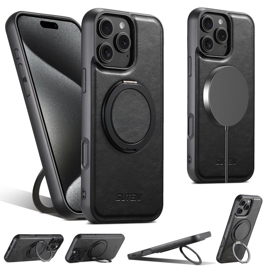 iPhone17/Samsung S25 Lederhülle mit magnetischem 360° drehbarem Ständer und kabelloser Ladekompatibilität