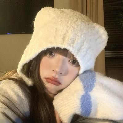 Cute Bear Wool Hat Women's Autumn and Winter Big Head Circumference Warm Ear Protection Hat Versatile Face Small Bag Head Knitted Hat Tide
