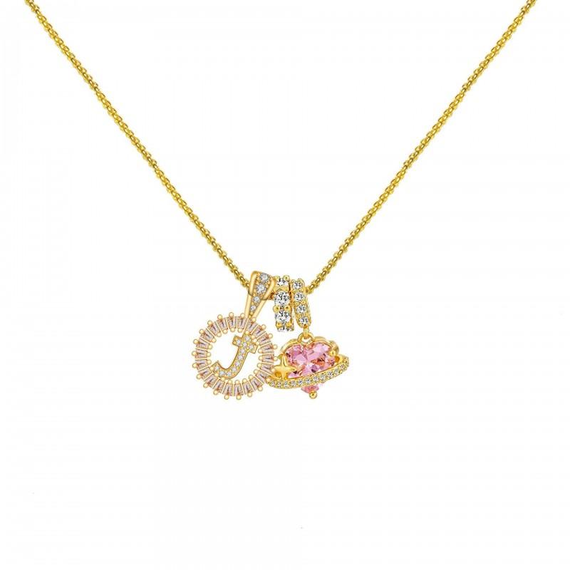 Copper Pendant Necklace With Zircon Stone Alphabet Charms Floral Design Personalized Letter Jewelry