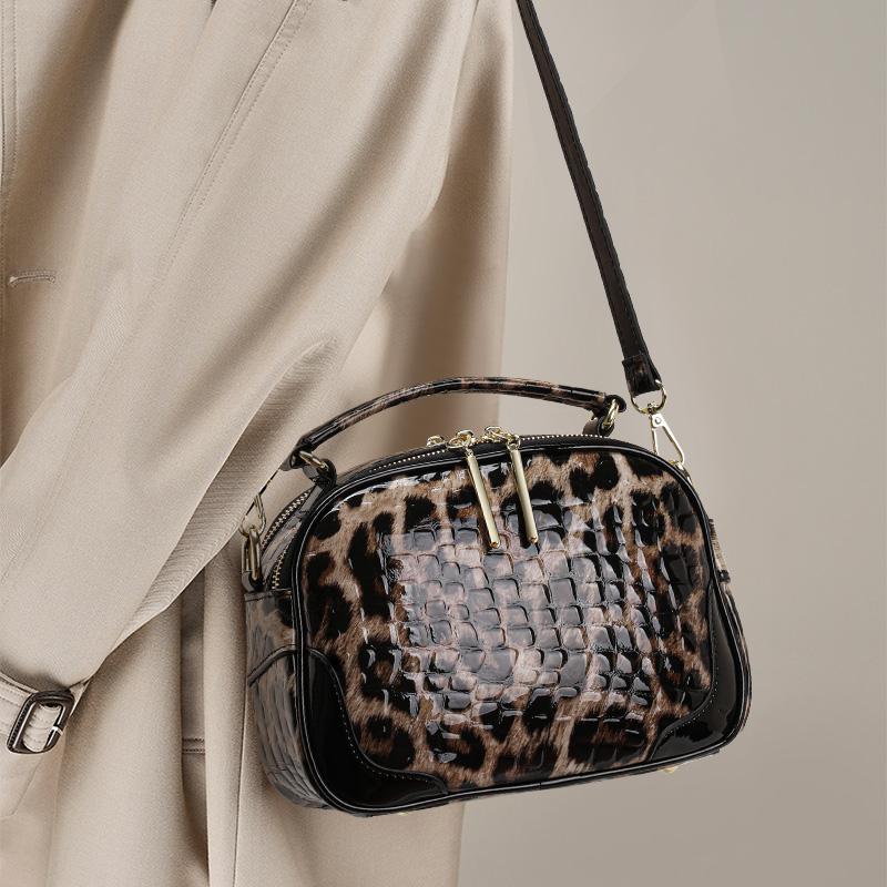 Women s Glossy Leopard Crocodile Embossed Double Zipper Handbag Crossbody Mini Square Bag