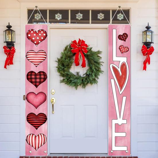 1 Pair Valentine's Day Door Hanging Decoration Party Banners with Lanyard Exquisite Pattern Easy to Hang Couplet Door Curtain Signs