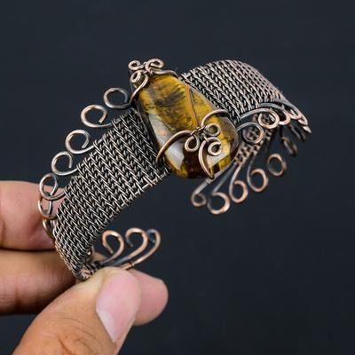 Natürlicher Tigerauge Edelstein Handgemachter Kupferdraht Wickelarmreif Verstellbar n5R11