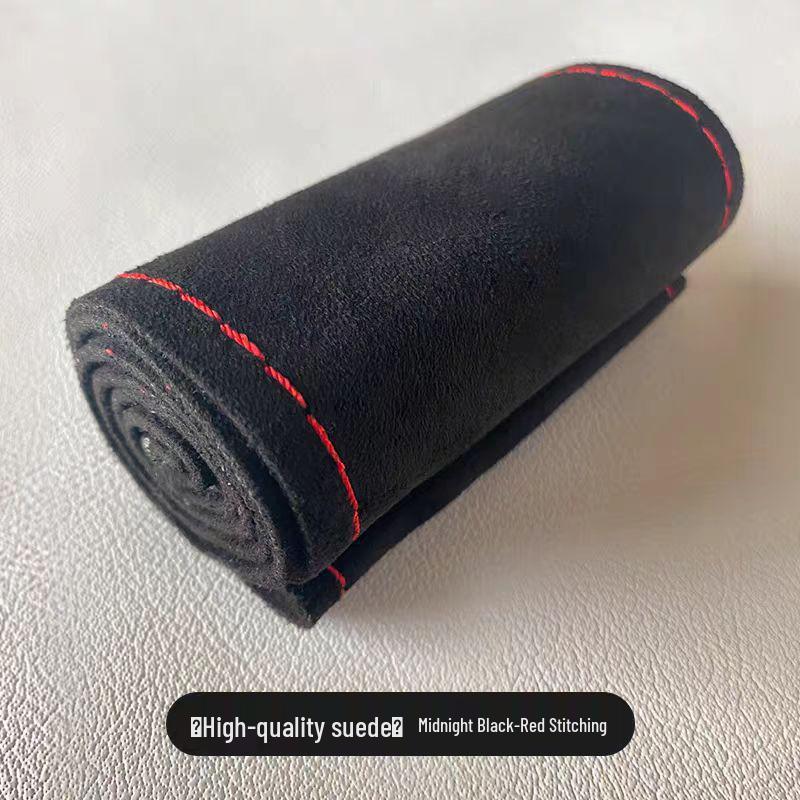 Genuine Leather & Suede Hand-Stitched Non-Slip Steering Wheel Cover - Wear-Resistant Cowhide for Winter 38 cm