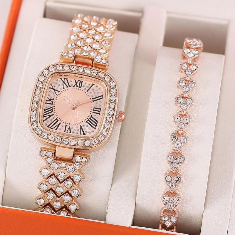 Fashion Watch Full Diamond Steel Belt Diamond Women'S 2-Piece Set Watch Roman Rhinestone Bracelet Women'S Watch