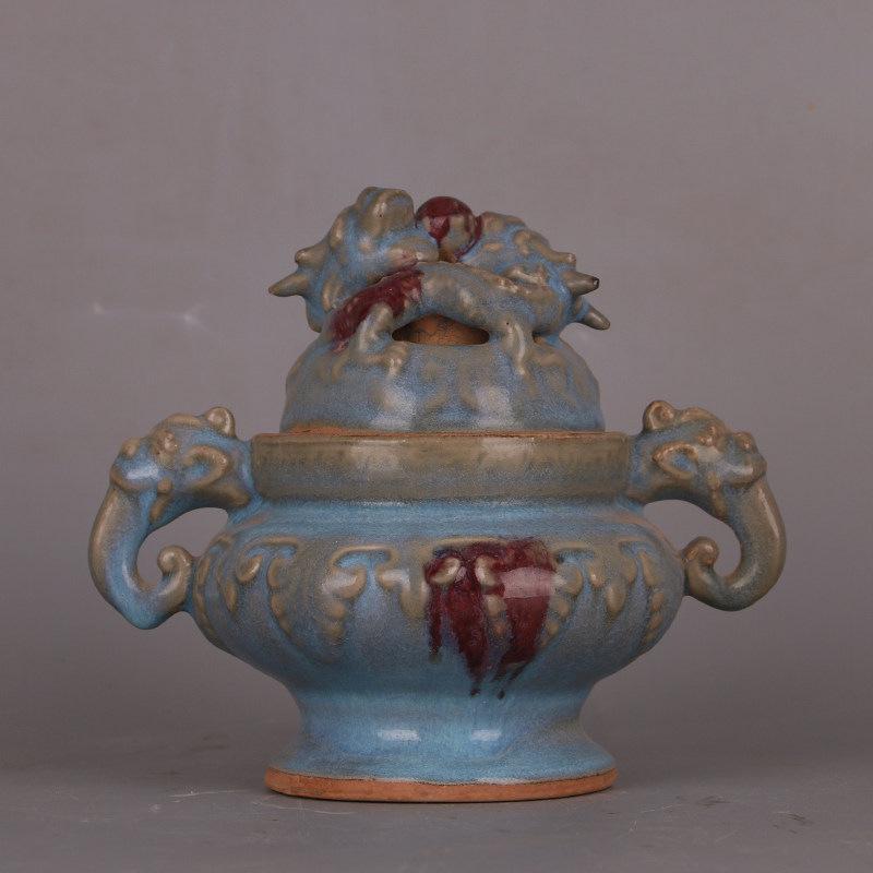 Song Jun Ware Dragon Relief Incense Burner, Antique-Style Chinese Ornament Collectible