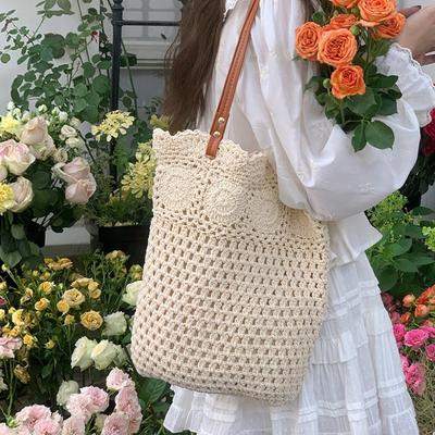 Large Capacity Shoulder Cotton Thread Woven Bag Women's New Hollow Reticulated Tote Bag Seaside Vacation Beach Bag