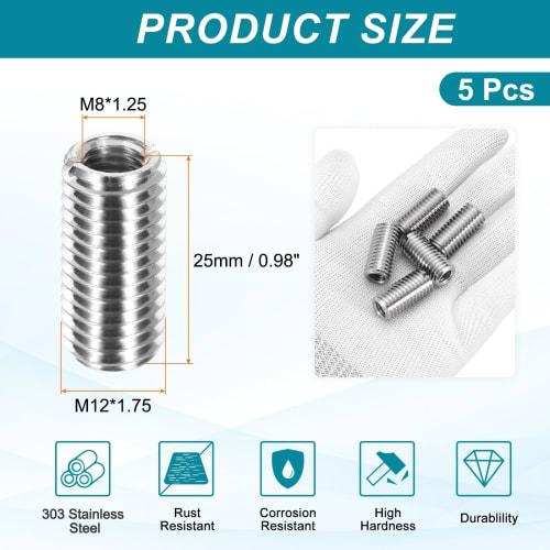 PATIKIL Insert Nuts, 5-Piece Thread Conversion Adapter, M8x1.25 Inner Diameter to M12x1.75 Outer Diameter, 25mm Length, 303 Stainless Steel, Single Gr
