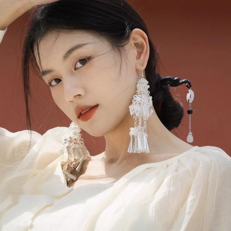 Retro Ethnic Style Handmade Fringed Earrings Temperament Miao Versatile Hanfu Long Earrings Bride Jewelry