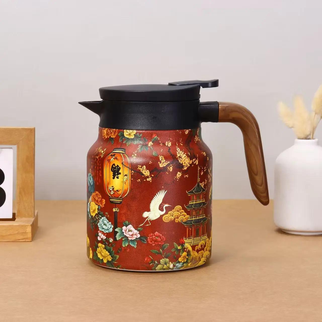 Чайник из нержавеющей стали в винтажном стиле 1000 мл с деревянной ручкой, термоизолированный чайник с отделением для чая, чайник с чайным ситечком