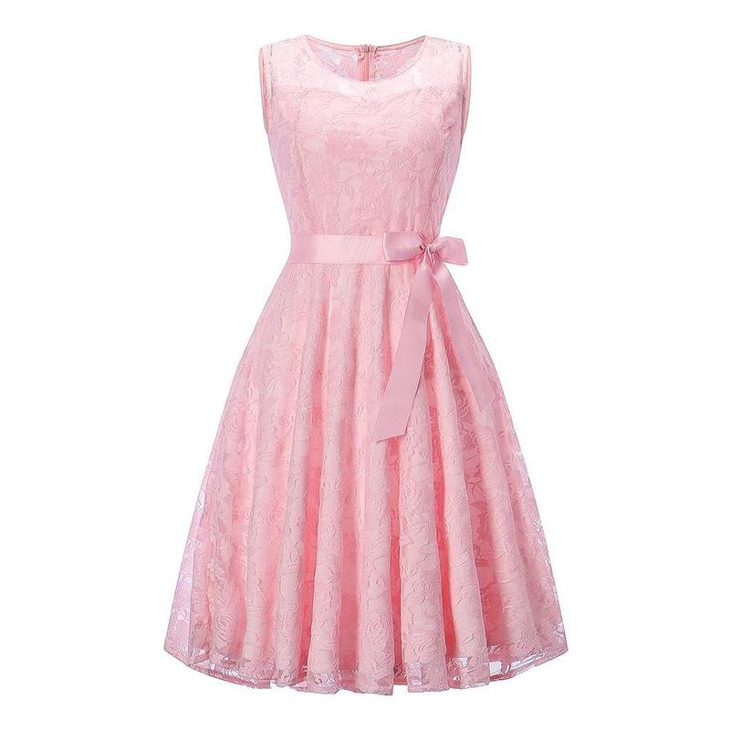

Sleeveless Neck Round Lace Stitching Retro Large Belt Dress Skirt Slim Swing TagS=US XXS рожевий