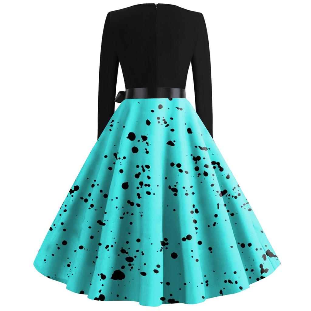 Women's Casual And Fashionable Long Sleeved R-neck Polka DotPrint Dress